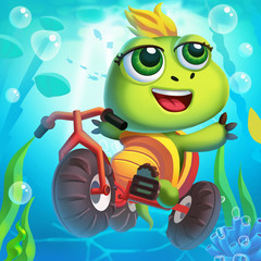 The Little Turtle Rides a Bicycle Underwater! Video Game's Digital CG Artwork, Concept Illustration, Realistic Cartoon Style Background and Character Design
