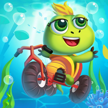 The Little Turtle Rides a Bicycle Underwater! Video Game's Digital CG Artwork, Concept Illustration, Realistic Cartoon Style Background and Character Design
