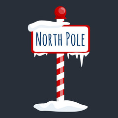 christmas icon north pole sign with snow and ice, winter holiday xmas symbol, cartoon banner