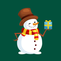christmas white snowman in hat and scarf with winter xmas present for celebration new year vector illustration