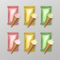 Vector Set of Vanilla Berry Pistachio Kiwi Mint Soft Serve Ice Cream Waffle Cone with Light Pink Yellow Green Plastic Foil Wrapper for Branding Package Design Close up Isolated on Background