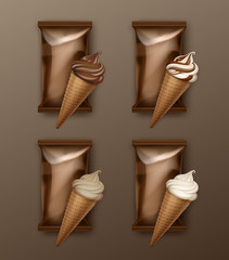 Vector Set of White Classic and Chocolate Soft Serve Ice Cream Waffle Cone with Brown Plastic Foil Wrapper for Branding Package Design Close up Isolated on Background