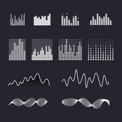 Set colorful ui ux music equalizer sound waves. Audio electronic bar. Music waves logo. Dj vector illustration. Black and white light audio signal.
