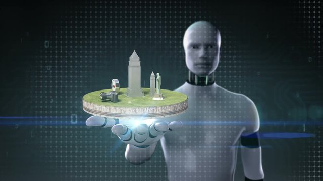Robot cyborg open palm, Travel icon, a famous sight spot.camera, baggage on the ground.