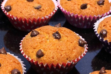 Mini chocolate chip muffins close up, selective focus