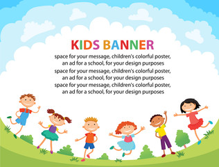 children are jumping on the glade, bunner cartoon funny vector, illustration