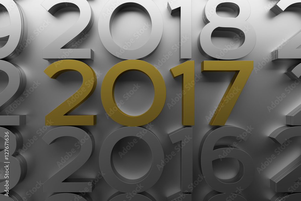 Poster 3d rendering illustration. metal 2017 title. abstract background with year number.