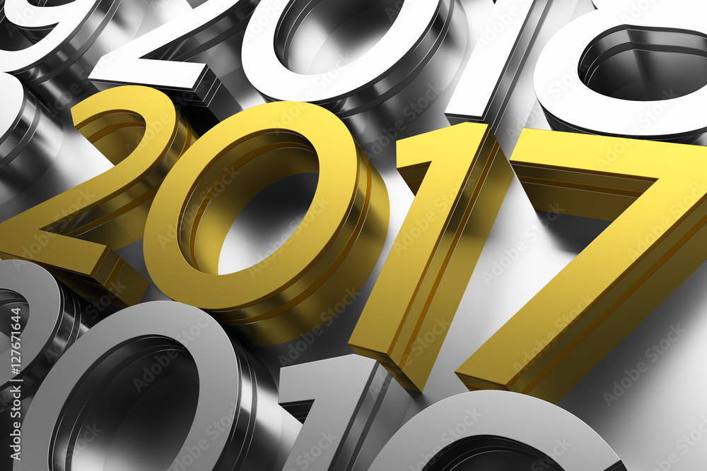 Poster 3d rendering illustration. metal 2017 title. abstract background with year number.
