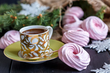 Homemade marshmallows and black coffee.