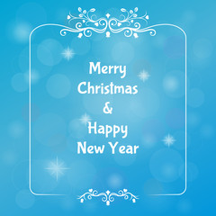 Merry Cristmas and happy New Year- white text in a decorative frame. Vector illustration.