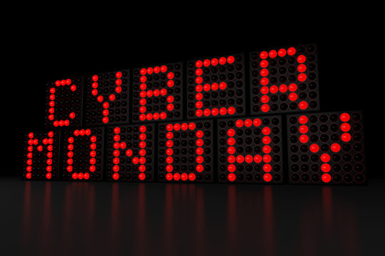 Cyber Monday red LED display on dark background 3D render