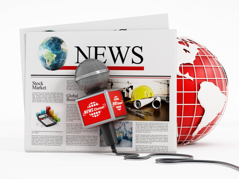 Newspaper, microphone and globe isolated on white background. 3D illustration
