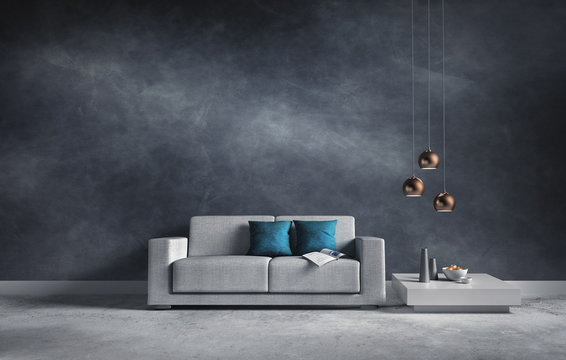 Sofa vor blaugrauer Wand mit Struktur