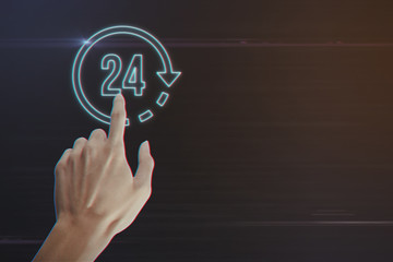 Human Hand Pressing 24 Hours Icon on Light Motion Background and Lens Flare - Digital 3d Effect Style Color