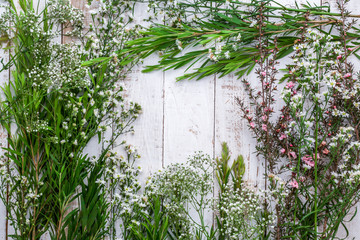 Autumn composition of leaves, flowers and berries on wooden back