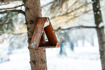 Closeup image of wooden birdhouse hanging on tree at winter park
