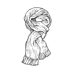 Bright slip knotted winter knitted scarf with tassels, sketch style vector illustrations isolated on white background. Hand drawn fluffy woolen scarf tied in slip knot, winter accessory
