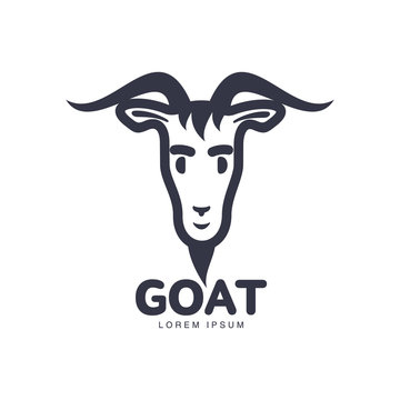 Front view goat head logo template for meat and dairy products, cartoon vector illustration on white background. Goat head outline for dairy, meat, farm products logo design