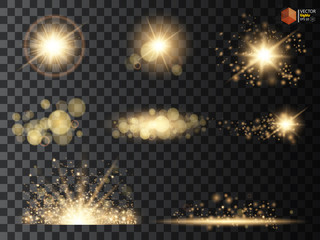 Golden glitter bokeh lights and sparkles. Shining star, sun particles  sparks with lens flare effect on transparent background