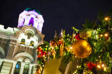 Bright festive decor of city on Christmas eve