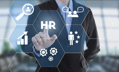 Businessman hand pressing button human resources. sign on virtual screen. business concept.