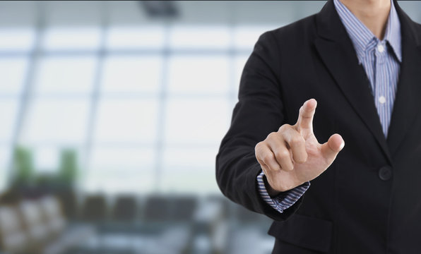 businessman hand pressing empty button on virtual screen. copy space template. business concept.