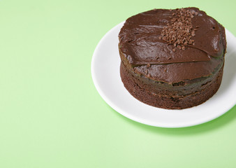 A whole chocolate fudge layer cake on a pastel green background with blank space at side