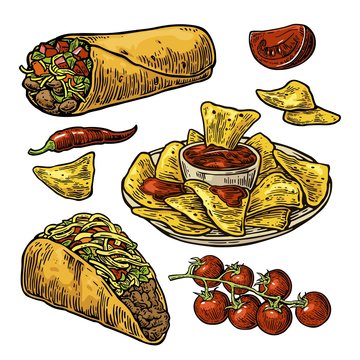 Mexican traditional food set with text message, burrito, tacos, chili, tomato, nachos.