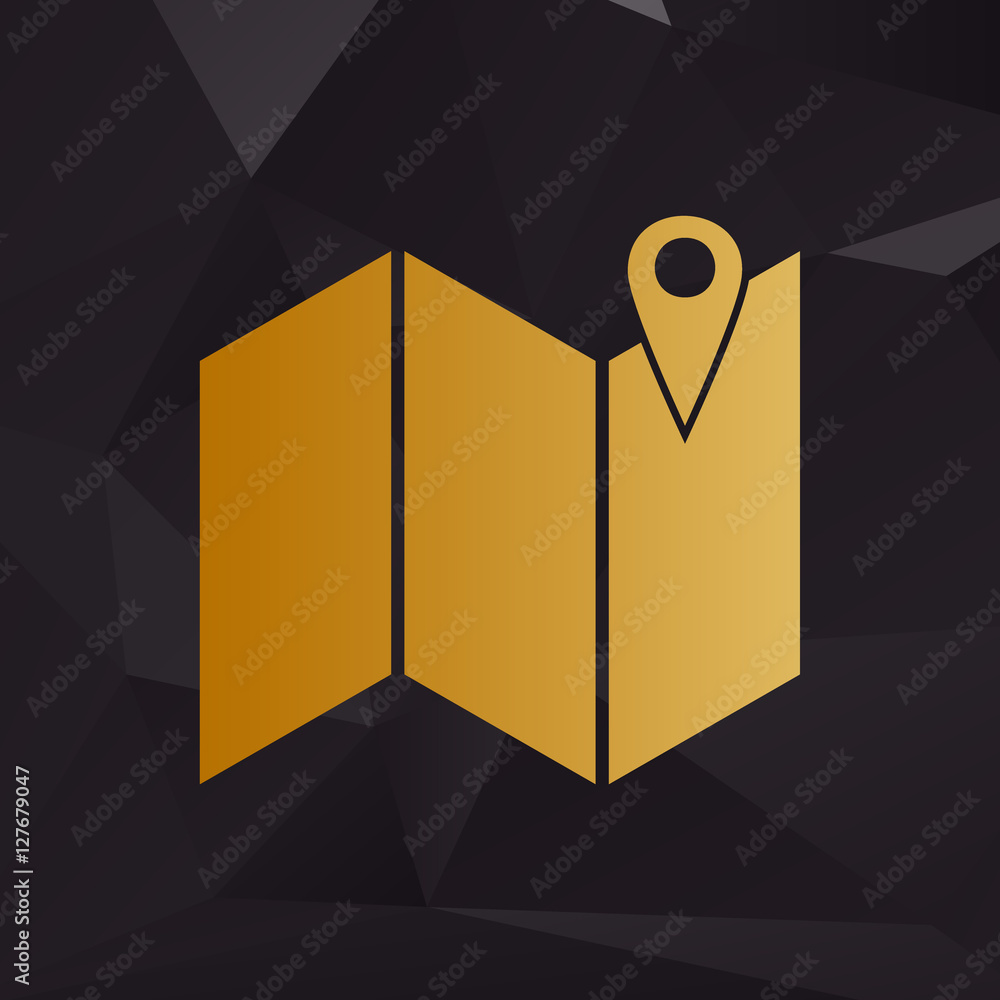 Poster pin on the map. golden style on background with polygons.