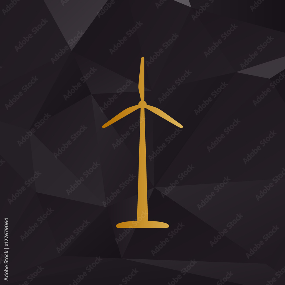 Poster wind turbine logo or sign. golden style on background with polygons.