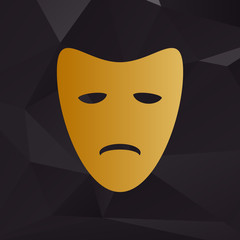 Tragedy theatrical masks. Golden style on background with polygons.