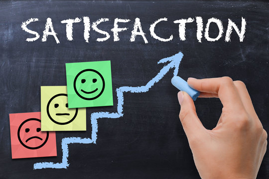 Customer satisfaction scale with colored adhesive notes on blackboard