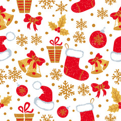 Christmas and New Year seamless pattern with doodle bells, balls, Christmas stockings and hats. Vector holiday background.