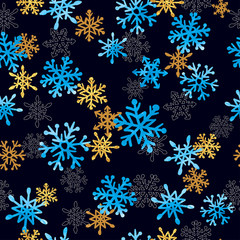 Hand drawn watercolor blue and golden Snowflakes seamless pattern. Vector Christmas snow background.