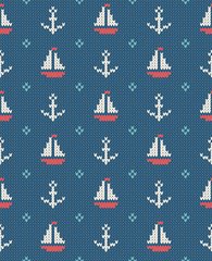 Sea and nautical backgrounds in white, turquoise, red and dark blue colors. Sea theme. Seamless patterns. Woolen knitted texture. Vector Illustration.
