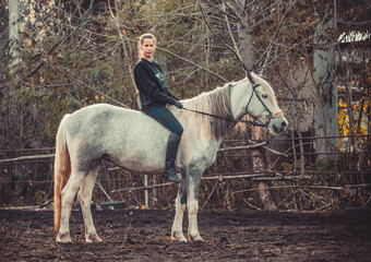 Young beautiful brunette girl rides a horse bareback with hackamore. Warm and sunny autumn day....