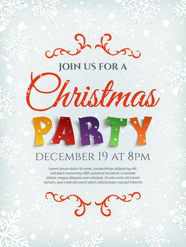 Christmas party poster template with snow and snowflakes.