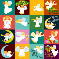 christmas holiday set of flying angel with wings and gifts box or stars,  moon like symbol in Christian religion  new year vector illustration