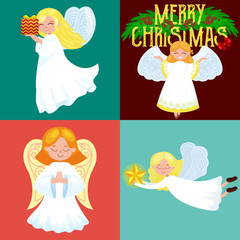 christmas holiday set of flying angel with wings and gifts box or stars, with moon like symbol in Christian religion or new year vector illustration