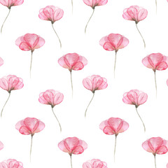 Seamless floral pattern with pink tender flowers hand drawn in watercolor on a white background