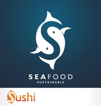 Fish symbol. Fresh seafood logo template design. Vector illustration. S logo. Letter S like fish symbol. Squid. Calamari. Clam. Crab. Shrimp. Lobster. Tuna. Salmon. Seafood restaurant.