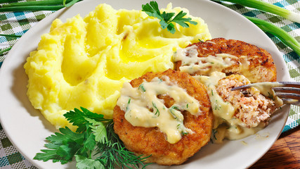 juicy fried meat cutlets with mashed potatoes