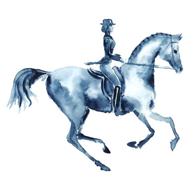 Watercolor rider and dressage galloping horse on white. England equestrian sport. Hand drawing illustration.