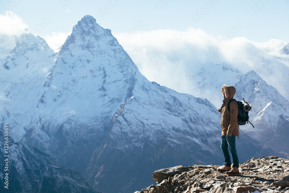 Canvas Prints hiker in mountains in winter