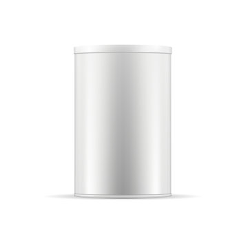White tin can with lid. Realistic round container for dry products (tea, coffee, spice, sugar, cereals, cookies). Realistic vector mock up template. Food packaging collection.