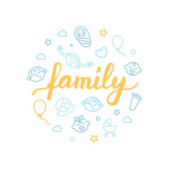 Family lettering with icons. Calligraphy font