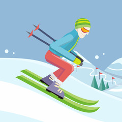 Skier on Slope Vector Illustration in Flat Design