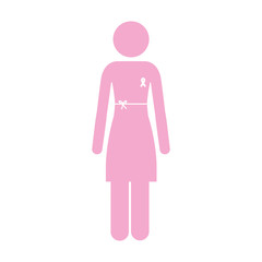 silhouette pink woman with ribbon of breast cancer vector illustration