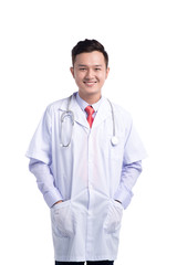 Portrait of friendly Asian male doctor on white