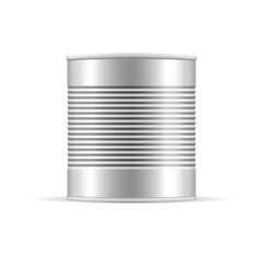 Ribbed metal tin can, canned food. Mockup for your design. Product packing vector.